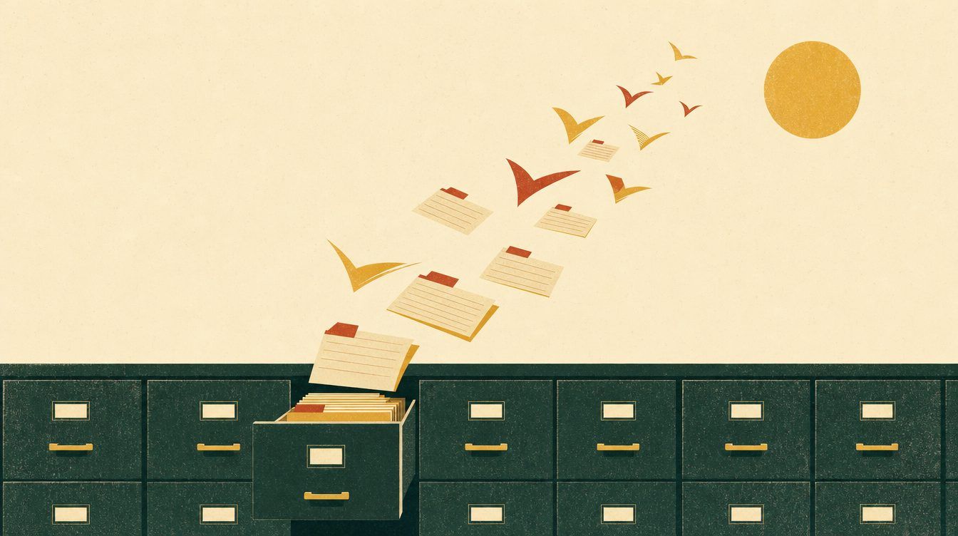 Illustration: Karteikarten fliegen aus einem Karteischrank Richtung Sonne