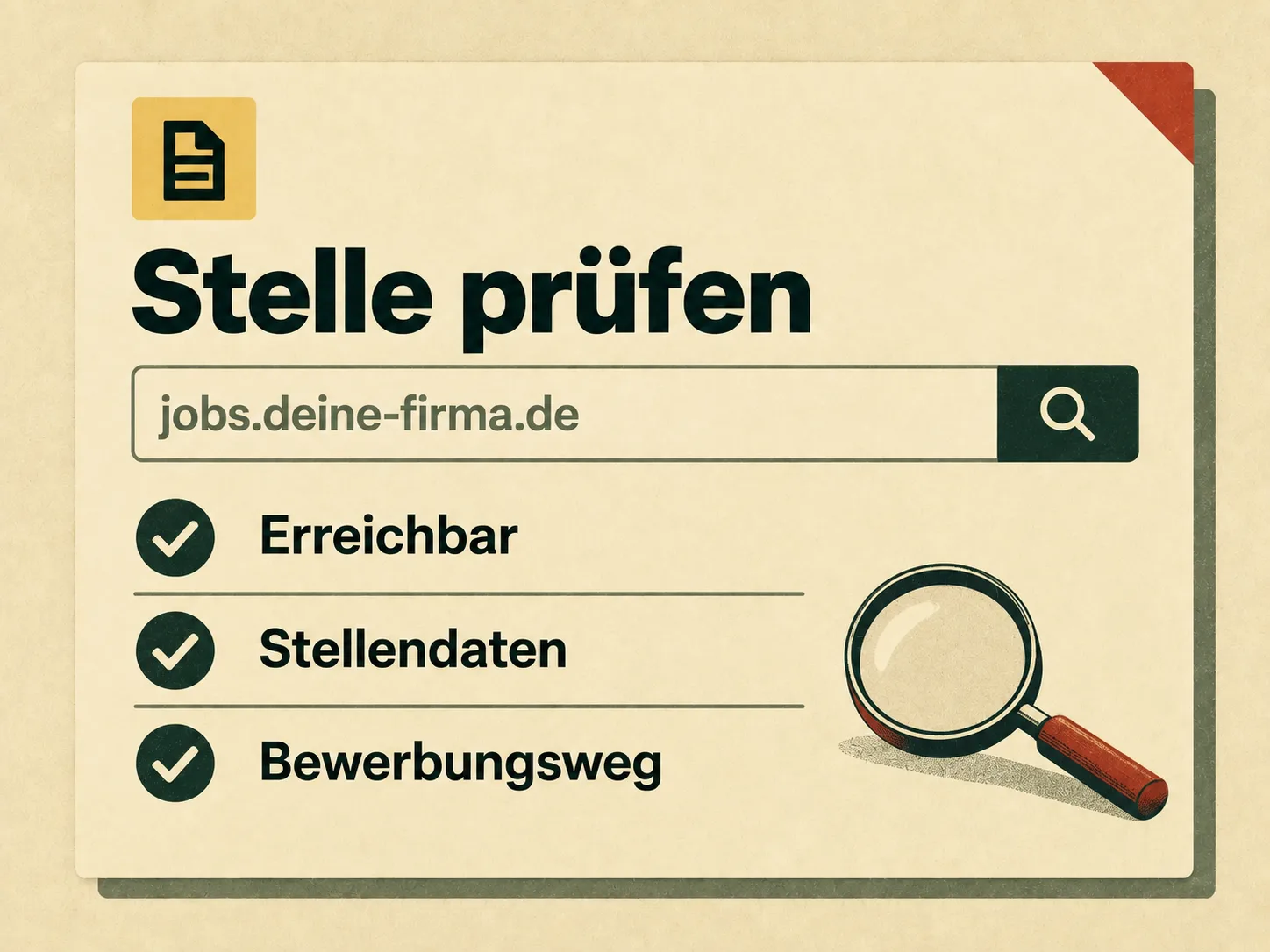 Beispielprüfung: Erreichbarkeit, Stellendaten und Bewerbungsweg werden kontrolliert.