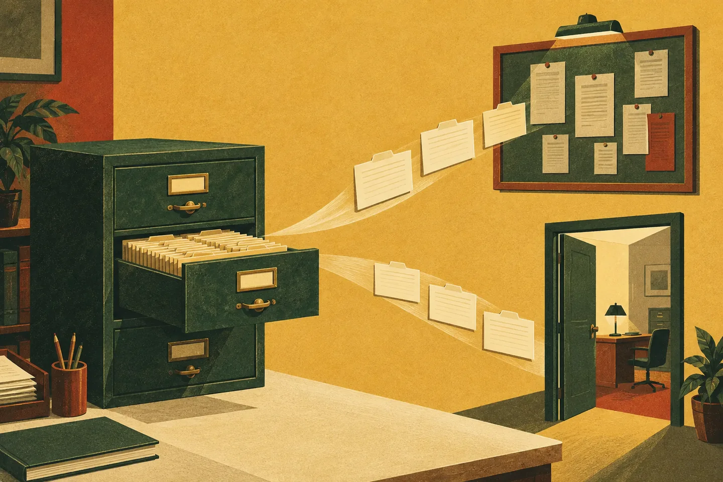 Analoge Illustration: Ein geordneter Karteibestand versorgt eine Stellenwand und einen eigenen Bürozugang.